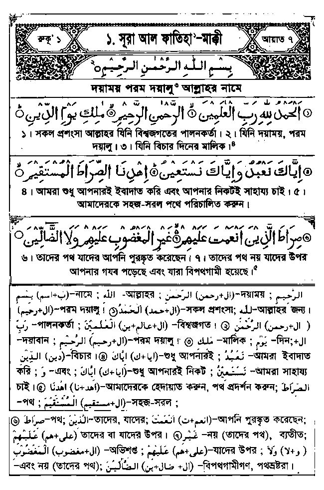 ফাতিহা এর শব্দে শব্দে বাংলা তরজমা। Bangla meaning of Surah Fatiha word by word